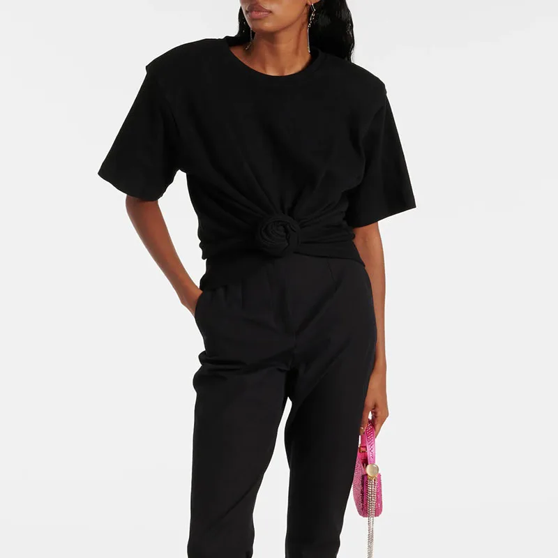 

Fashion New Black Short Sleeve T-Shirt Women Classic Simple Cotton Round Collar Knot Thread Tshirts High End Clothes Summer 24