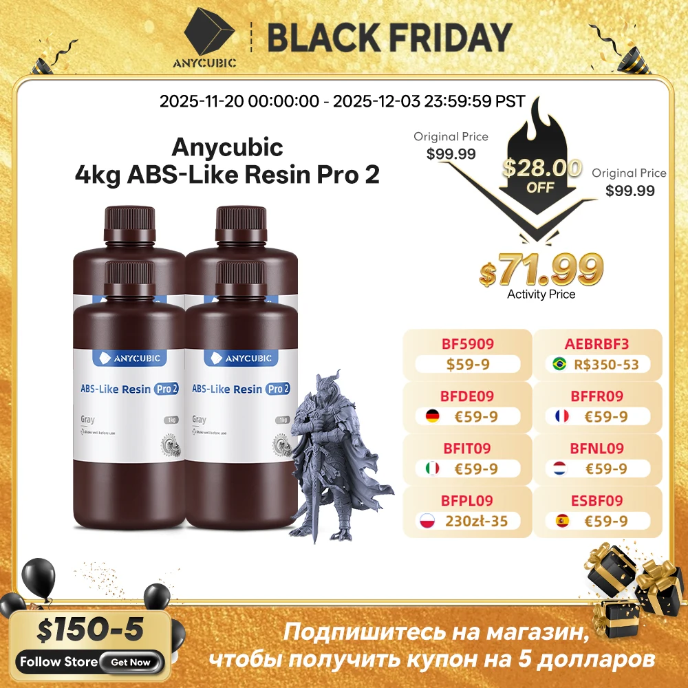 

ANYCUBIC Upgraded ABS Pro 2 3D Printer Resin Hardness and Toughness 405nm UV-Curing Standard Photopolymer Resin for LCD