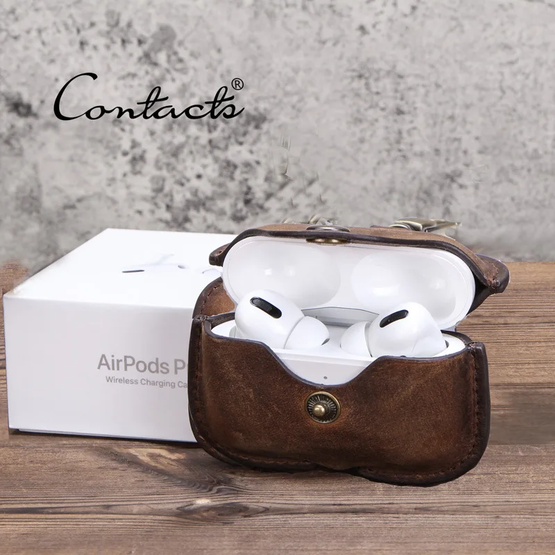 

Earphone Case Italian Crazy Horse Leather Flip Button Apple Bluetooth Wireless Headphone Case