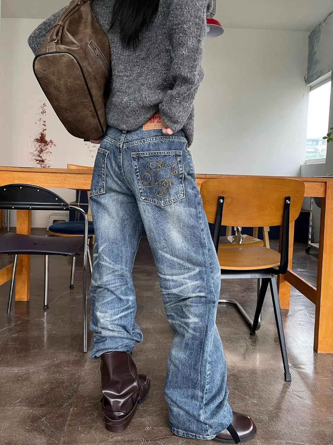 

Retro American Large Size Washed out Street Style Embroidered Straight Leg Loose Casual Trendy Wide Leg Jeans High Waist