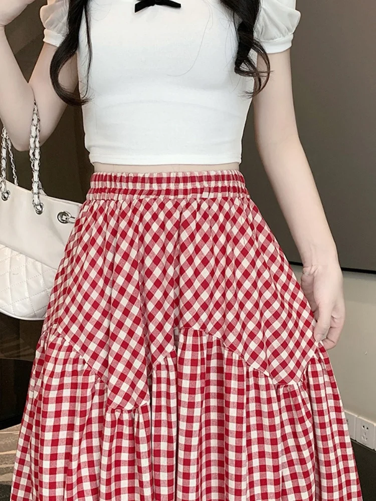 

Red Retro Plaid High Waist A-Line Skirt Women's Spring Summer New Sle Casual Long Skirt Loose Fit Korean Sle