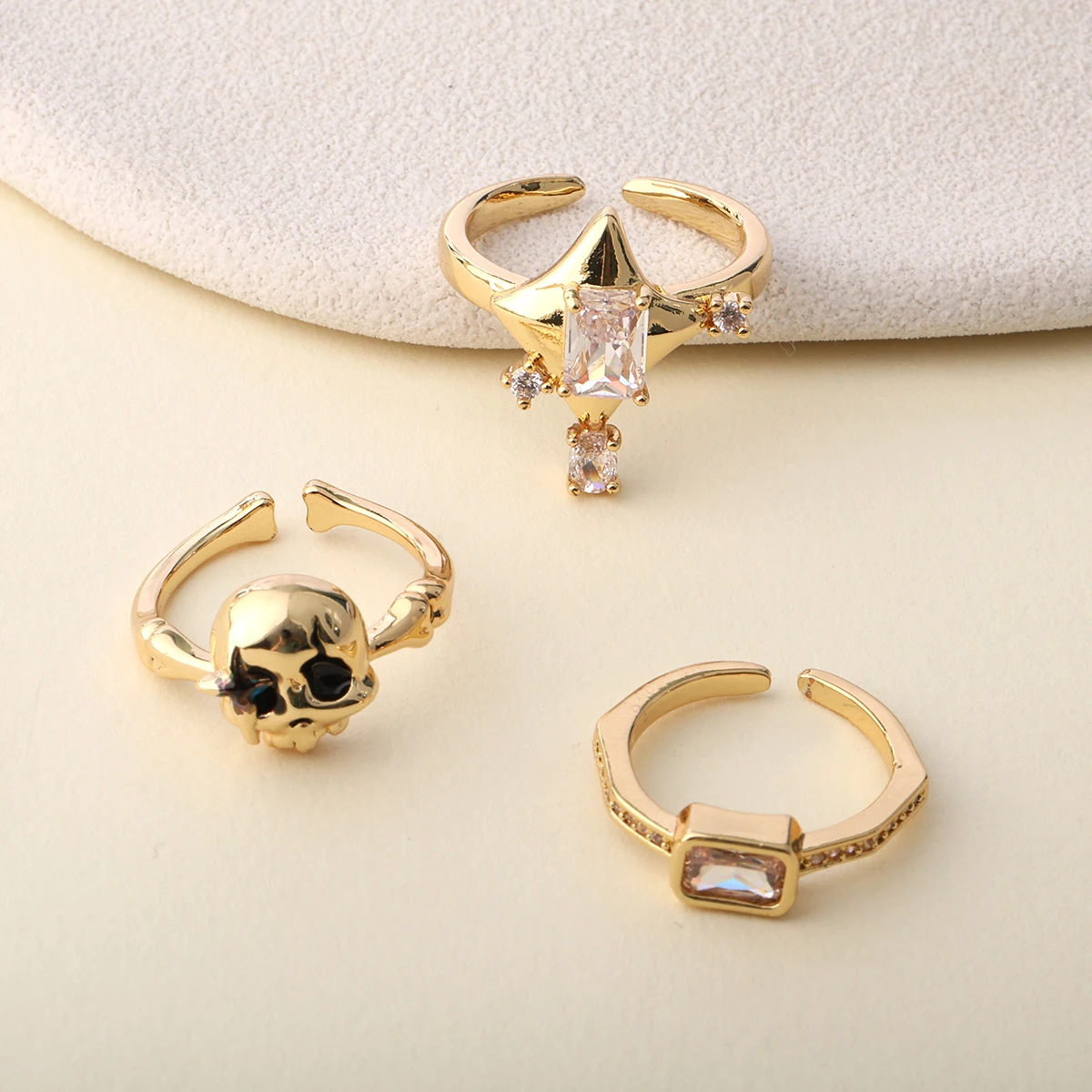 3Pcs Stackable Open Rings Set For Women,Skull Bone & Rectangular Zircon Gold Statement Finger Rings
