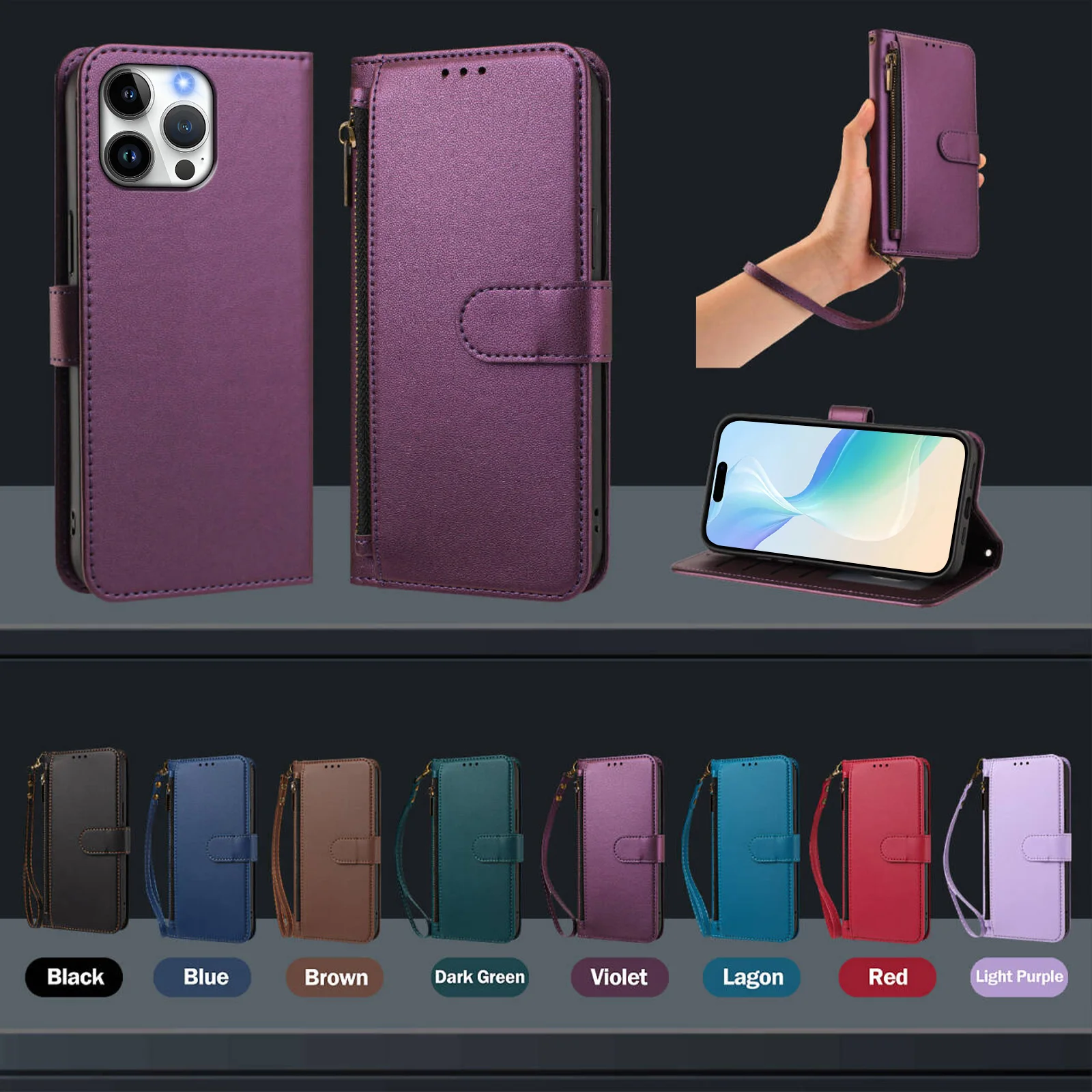 Leather Wallet Flip Case for Samsung Galaxy A3 A5 2017 A6 A7 A8 2018 J4 J6 Plus J3 J5 J7 Pro Zipper Pocket phone Cover
