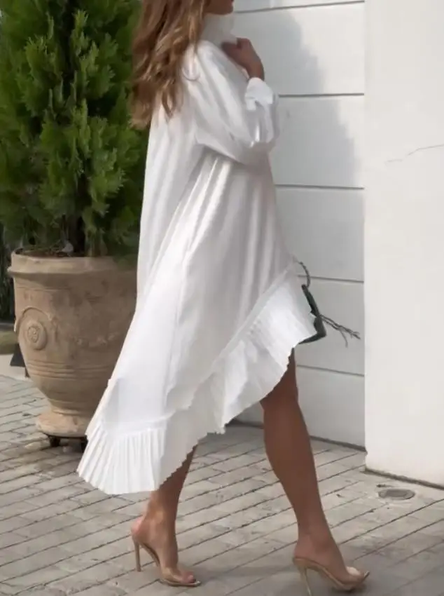 

Dresses Women Pleated High Neck Button Down Asymmetrical Ruffle Hem Vacation Dress Women's Casual High-Low Hem Loose Dress