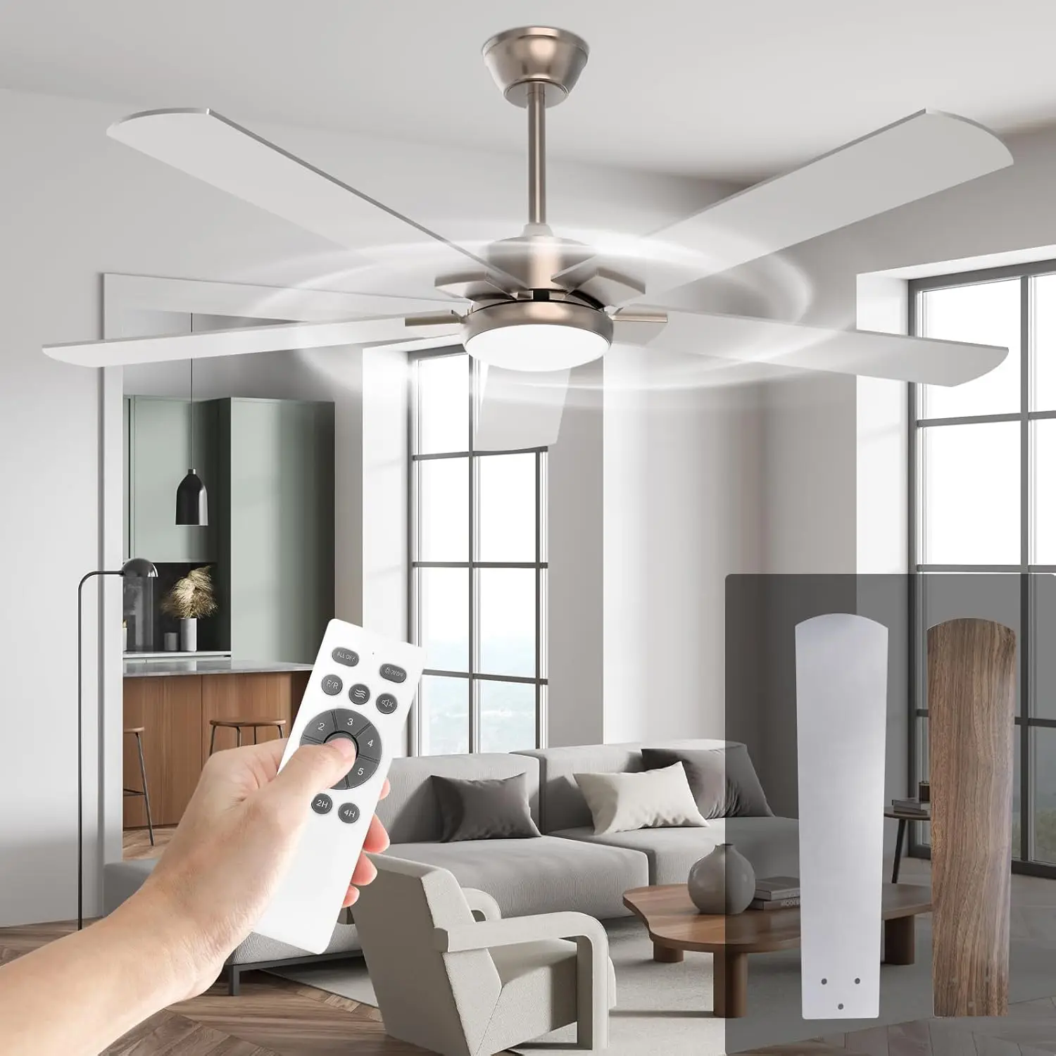 

Ceiling Fan with Light and Remote, Brushed Nickel Ceiling Fan for Living Room, Dual Mounting Option Ind