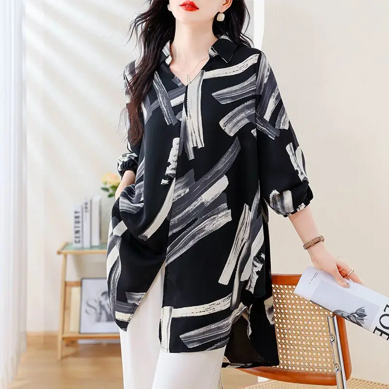 

Vintage Printed Lapel Button Long Sleeve Striped Shirts Women's Clothing 2025 Spring New Loose All-match Tops Commuter Blouses