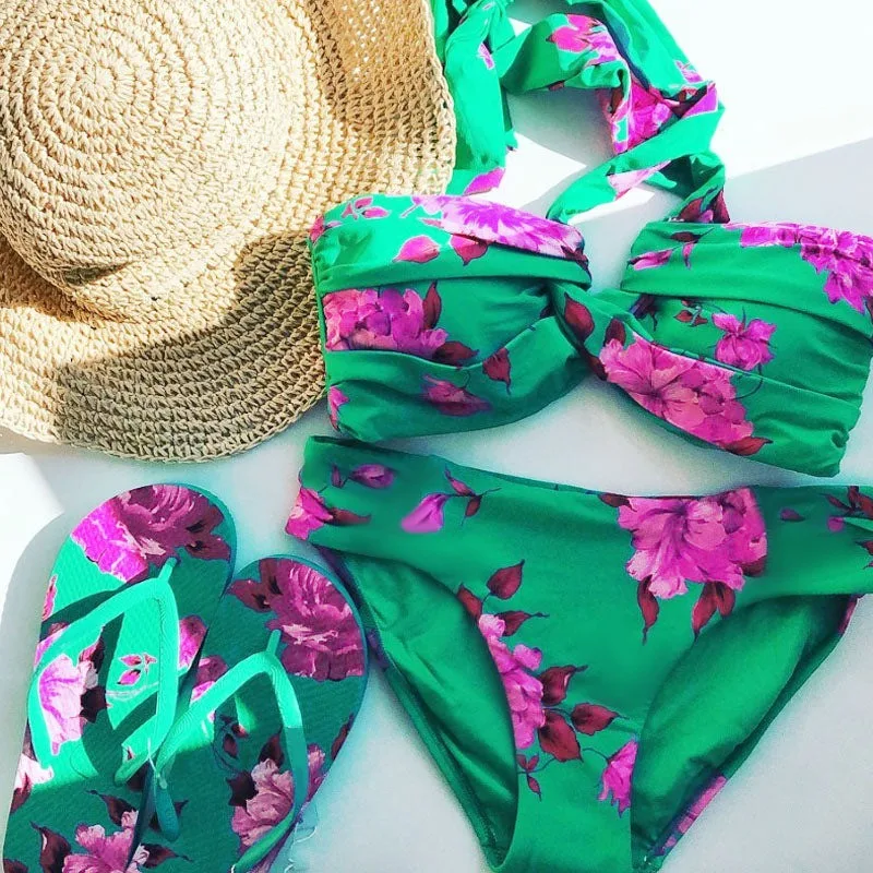 European and American Bikini Neck Sexy Printed Split Swimsuit and Wrap Skirt Set Quick Drying Sexy Bikini Bathing Suit