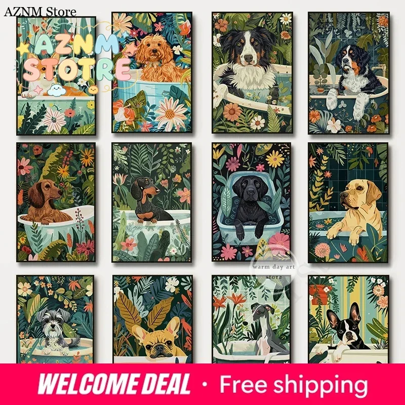 Cavoodle French Bulldog Dachshund Shiba Inu Corgi Greyhound Canvas Painting Wall  Jungle Tropical Poster Print Bathroom Decor