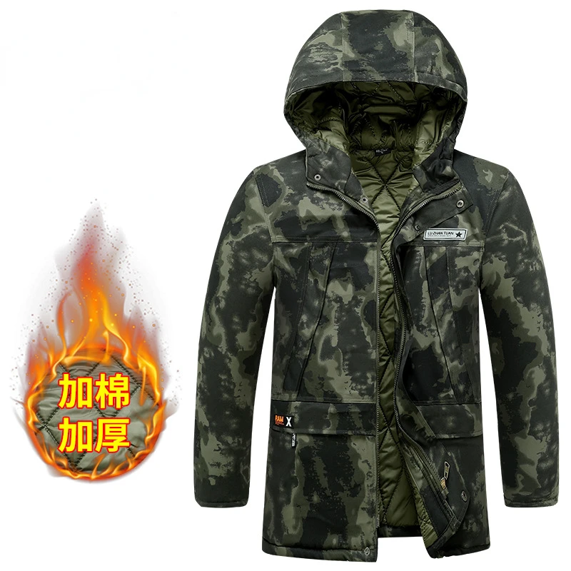 Thickened Hiking Jacket Men\'s Waterproof Wear-resistant Medium Length Work Clothes Warm Hooded Comfortable Loose Camouflage Top