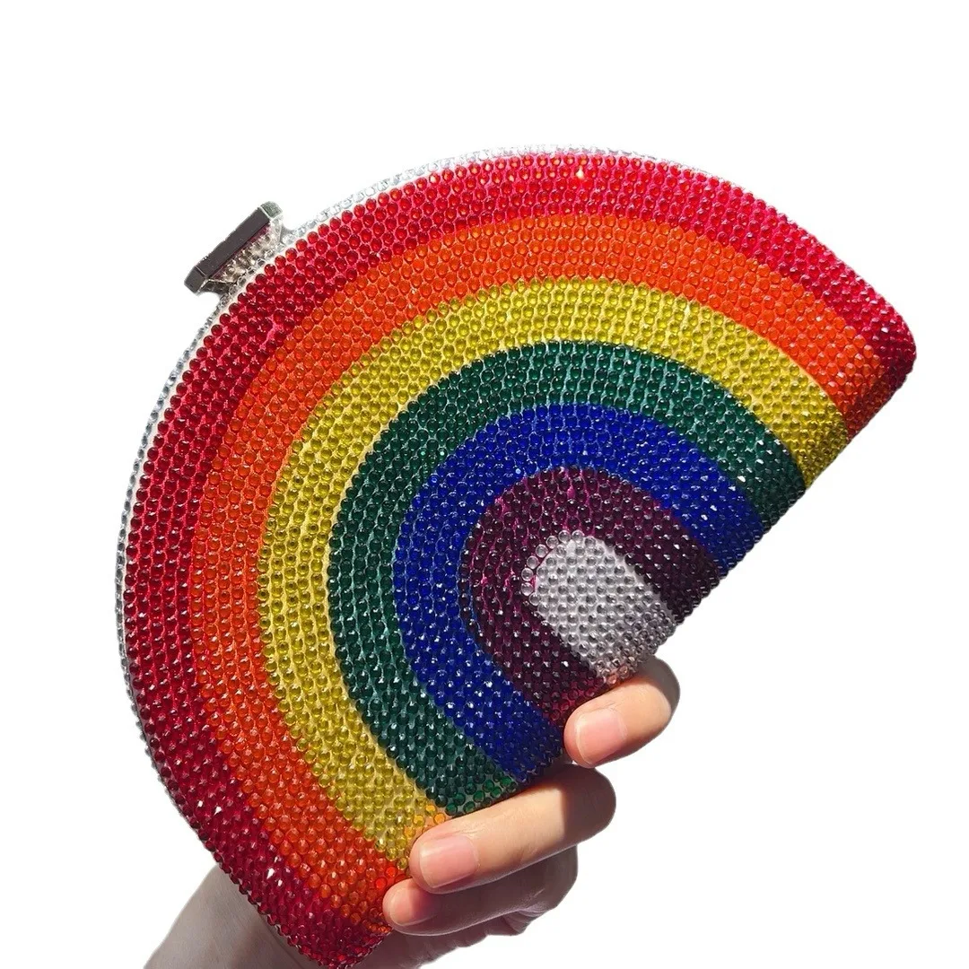 

Diamond D-shaped Rainbow Hot Diamond Dinner Bag With Crystal Messenger Rainbow Metallic Foil Party Clutch With Detachable Strap
