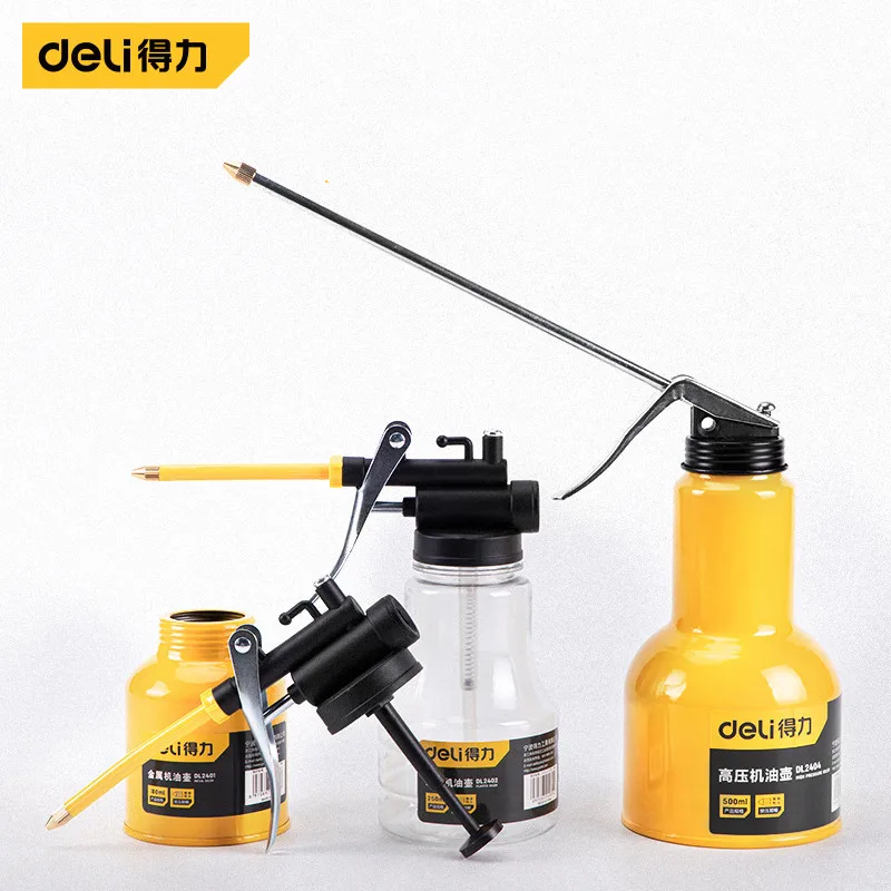 Deli 180/250/350/500ml Oil Can High Pressure Oiler Grease Gun Extended Sprinkler Plastic Oil Pump Cans Mini Home Injector Can