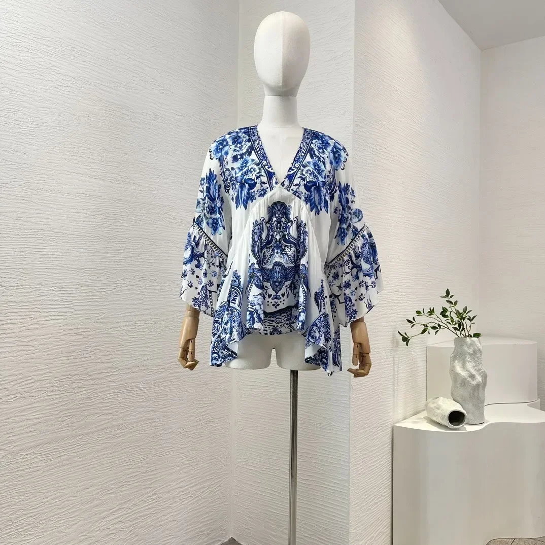 2024 Blue New White Porcelain Print Vintage Collection Diamonds V-Neck Loose Blouse High Quality Women Re-tro Tops