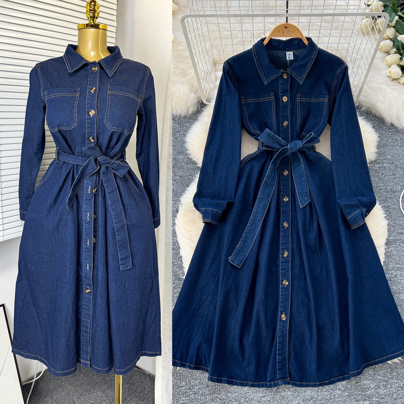 

Long Dress Women Denim Dresses A Line Vestidos Y2k Streetwear Full Sleeve Lace Up Tight Waist Elegant Party Night Work 2026