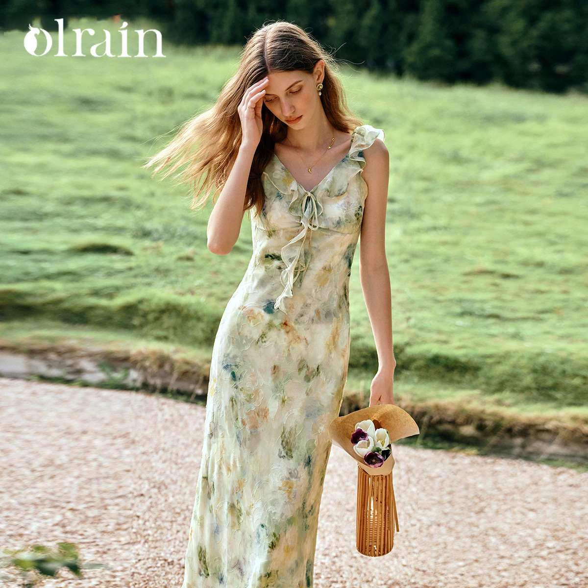 

OLrain Dresses 2026 Woman Summer Ruffle Leaf Edge Smudge V-neck Long Vacation A-Line Ladies Dress Clothing Female O57XL99666