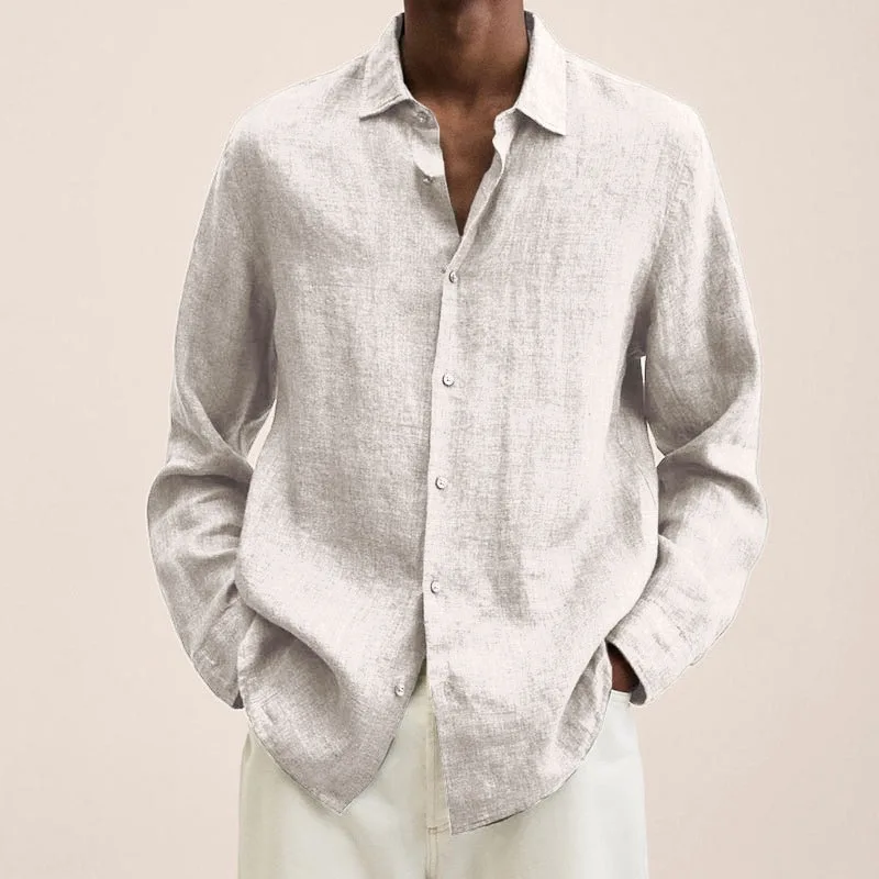 Cotton Linen Shirt Men's Lapel Long Sleeved Cardigan Shirt Loose Turn-down Collar Base Shirt Men Shirts White Shirt Streetwear