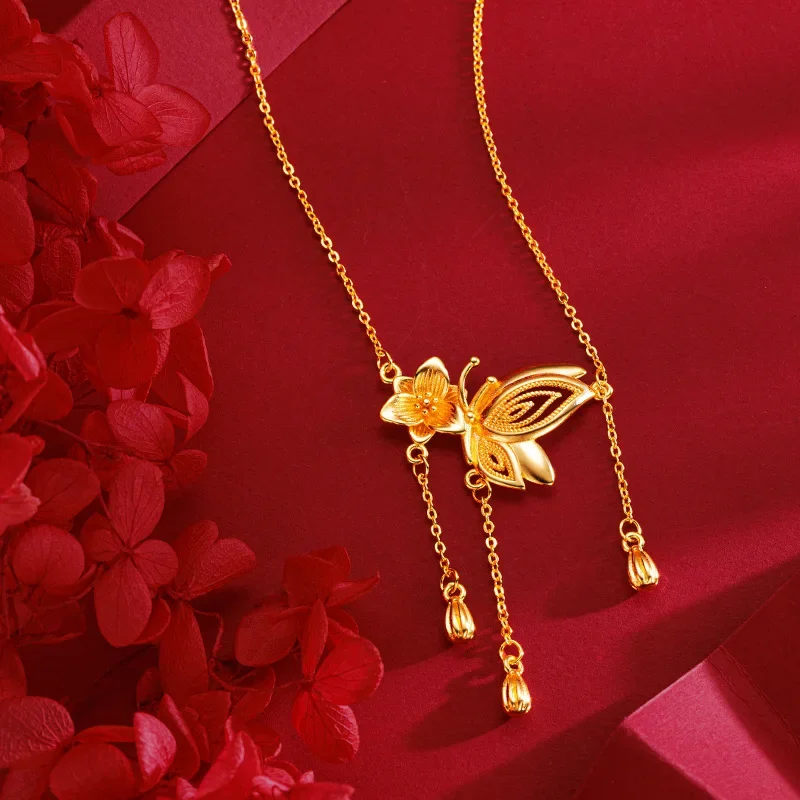 9999 real gold 24K yellow gold Flower Butterfly with Tassel Necklace