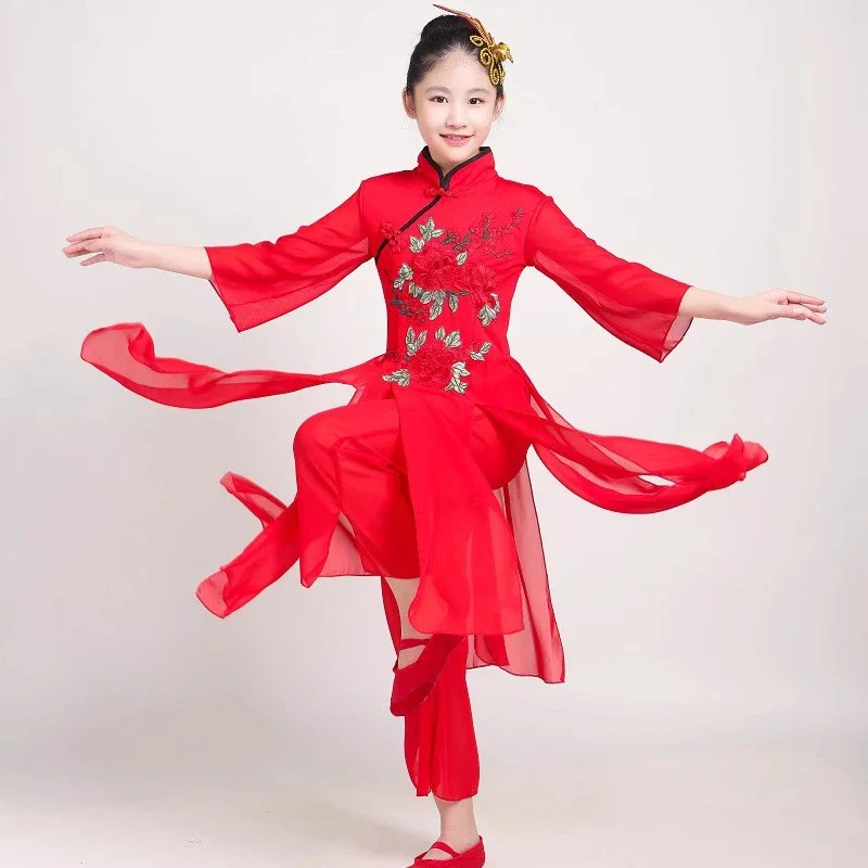 Bambini hanfu classic yangko dance stage costumes ink costumi di danza classica ragazze praticano vestiti fan dance