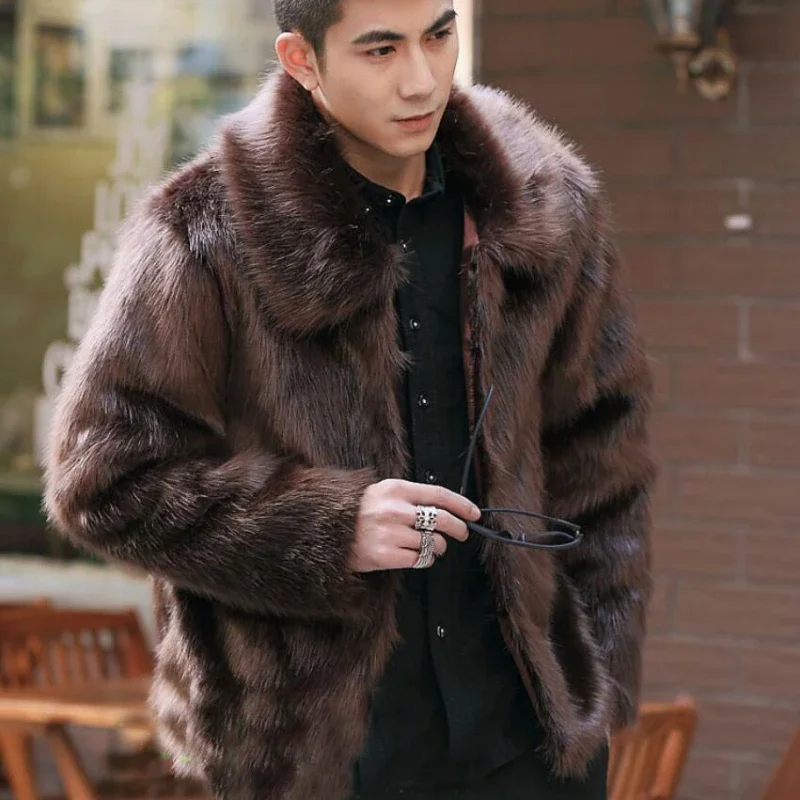 Men's Winter Warm Jacket Fashion Men's Faux Fur Jacket High-end Faux-fox Mink Fur Leather Jacket with Lapel Collar