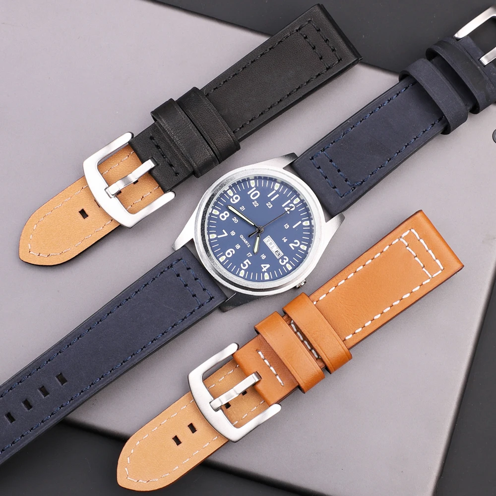 Genuine Leather Watchband Bracelet Black Blue Gray Brown Cowhide Watch Strap For Galaxy Wrist Band Women Men 18mm 20mm 22mm 24mm