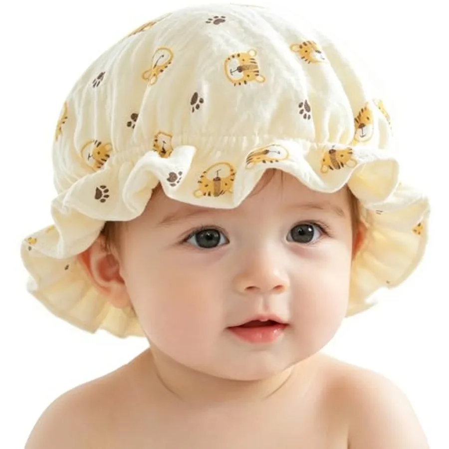 IZUS Cute Newborn Bonnet Hats Infant Ruffle Palace Hats Baby Girl 4-Layer Muslin Christening Sun Hat 3-9 Month