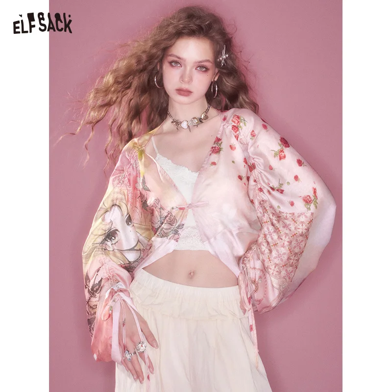 

ELFSACK 2025 Summer New Arrival Elegant Original Flower Printed Pink Lightweight Cardigan Short Jacket