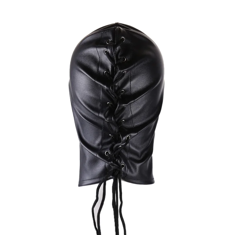 Sexy PU Leather Unisex Cosplay Fetish Face Mask Halloween Drawstring Full Cover Masks Hood for Role Play Exotic Costume Headgear