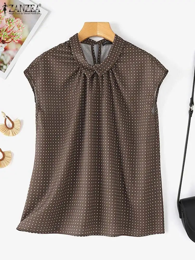 ZANZEA Elegant Women Dots Blouse Fashion Cap Sleeve Tops Shirt 2024 Summer Vintage Round Neck Tunic Luxury Satin Office Blusas