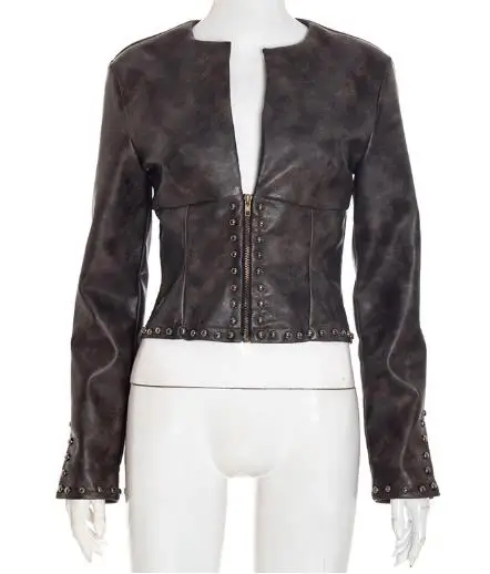 Women's Jacket 2025 Spring Autumn New Vintage Leather Half Open Collar Zipper Rivet Long Sleeve Streetwear Casual Crop Jacket