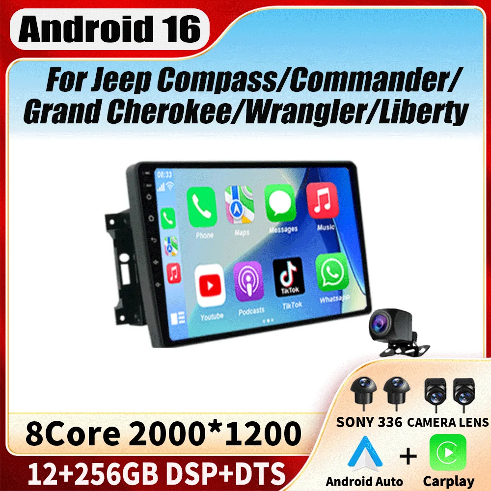 Android 16 Car Radio QLED GPS Navigation Multimedia Player For Jeep Compass/Commander/Grand Cherokee/Wrangler/Liberty AutoRadio