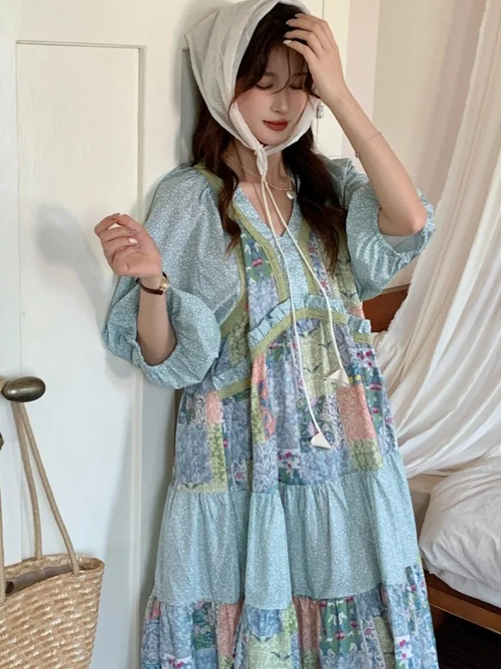 

Romantic een Splice V-Ne Dr Women's Summer Unique Beautiful Holiday Sle Long Skirt Large Hemline Tassel Detail