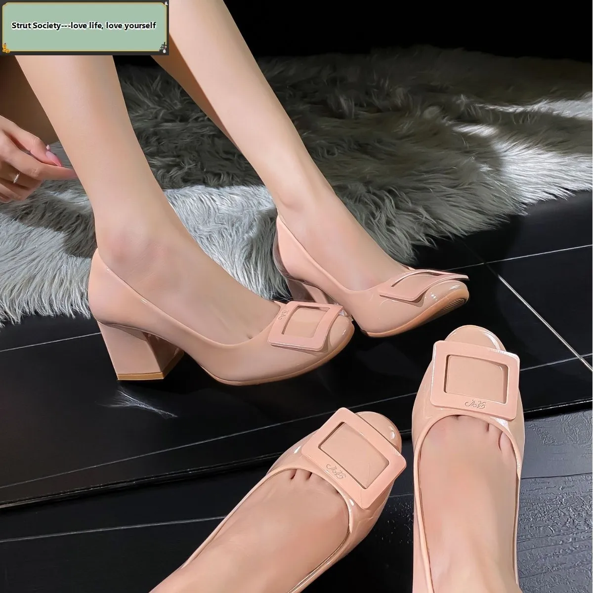 Nude pink pumps 6cm square buckle round toe gentle style high heels versatile shallow vamp workwear chunky heel