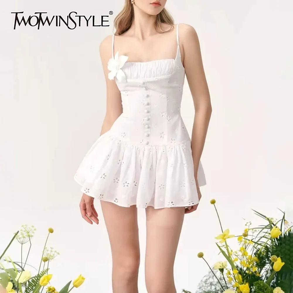 TWOTWINSTYLE Sweet Style Spaghetti Strap Mini Dress for Women Square Collar Spliced 3d Flower Hollow Slim White Dresses Female