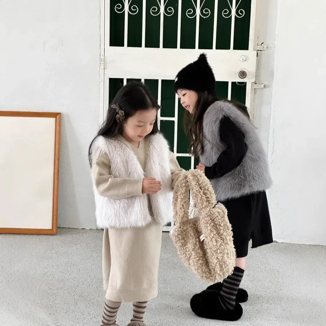 Children Clothing Girls Solid Color Simple Sweater Dress 2024 Winter New Striped Girls Loose Comfortable Hooded Knitted Dress