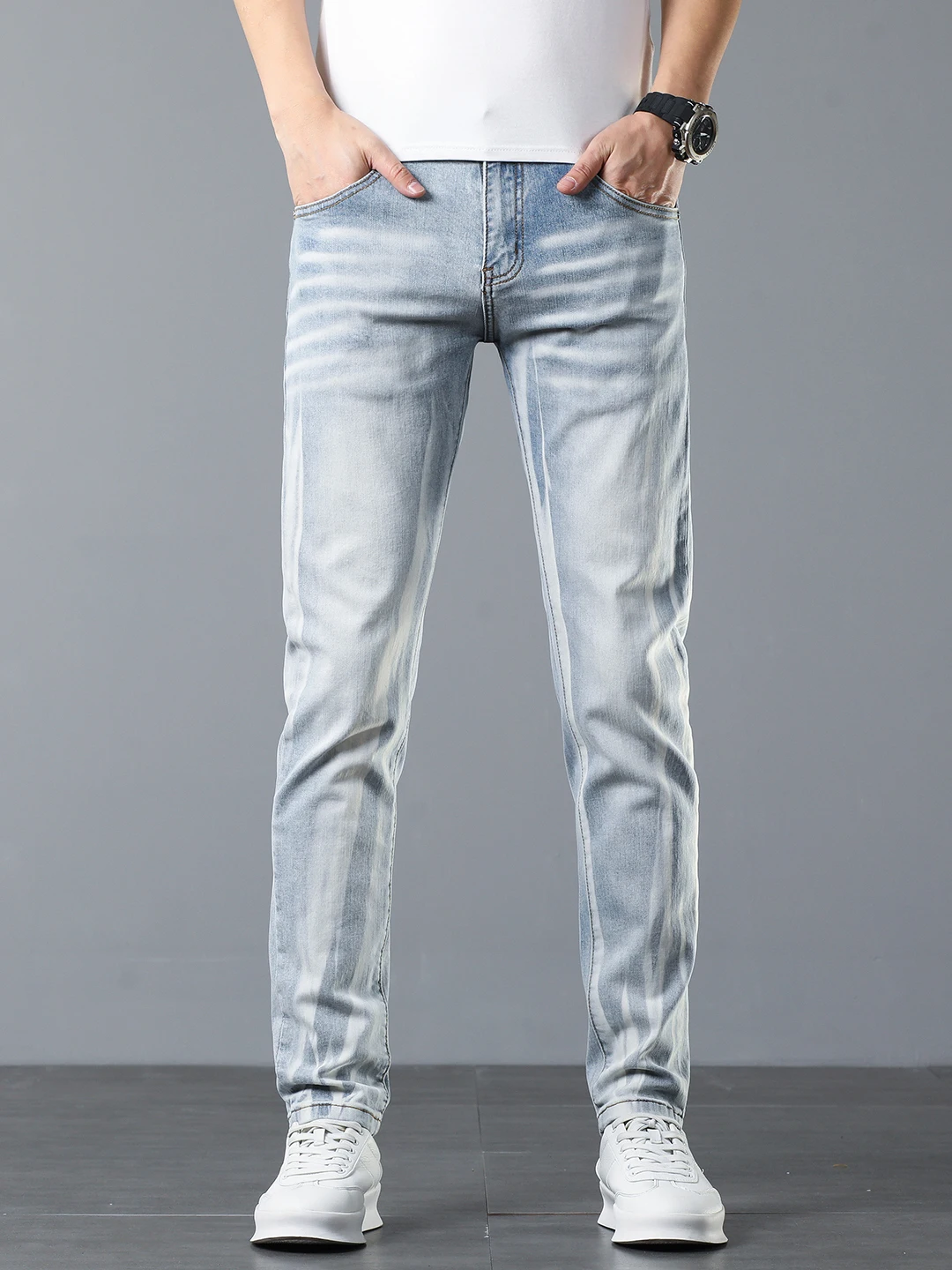 

High Street Faion Light Wa Ripped Denim Jeans Men's Wear Cotton Stretch Fabric Slim Fit Casual Long Pants Middle Waist