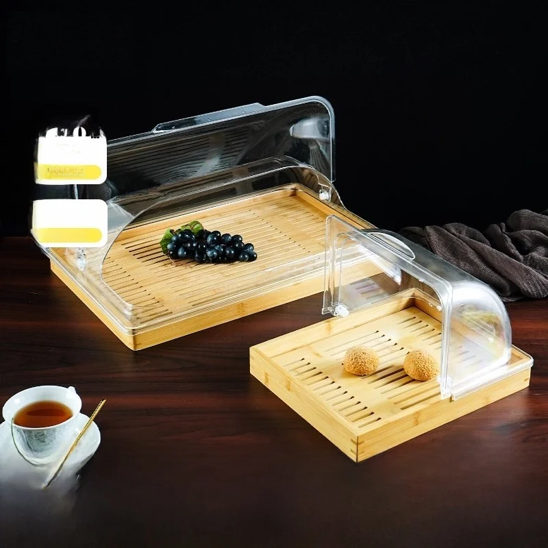 

Rectangular Bamboo Wood Tray with Dust Cover Transparent Flip Cover Baking Pastry Bread Sushi Tasting Display Plate with Lid