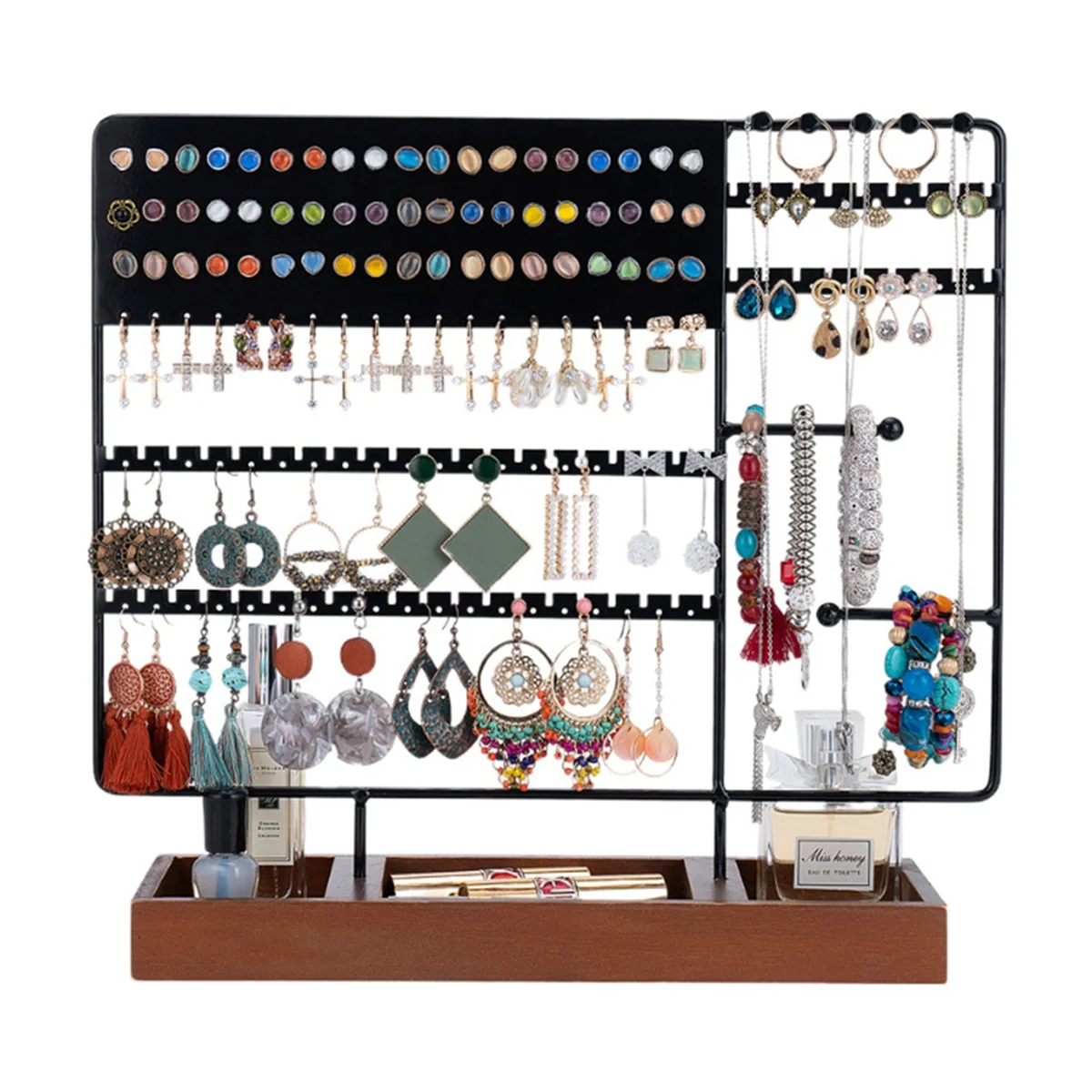 Multifunction Jewelry Rack Solid Wood Base Ring Storage Box Earring Jewelry Rack Necklaces Rings Jewelry Box White