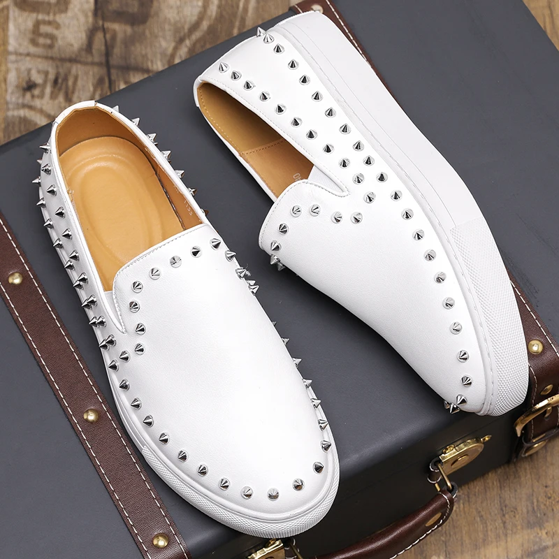 

big size men's casual stage nightclub studded shoes slip-on driving shoe white original leather rivets loafers spikes footwear