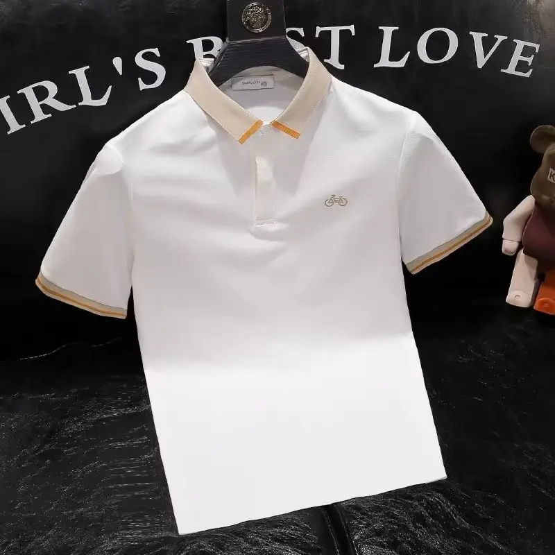 

Summer Men's ort Sve irt Ice Silk Embroidered Collar Paul High End f Sve Top Faionable Slim Fit Youthful