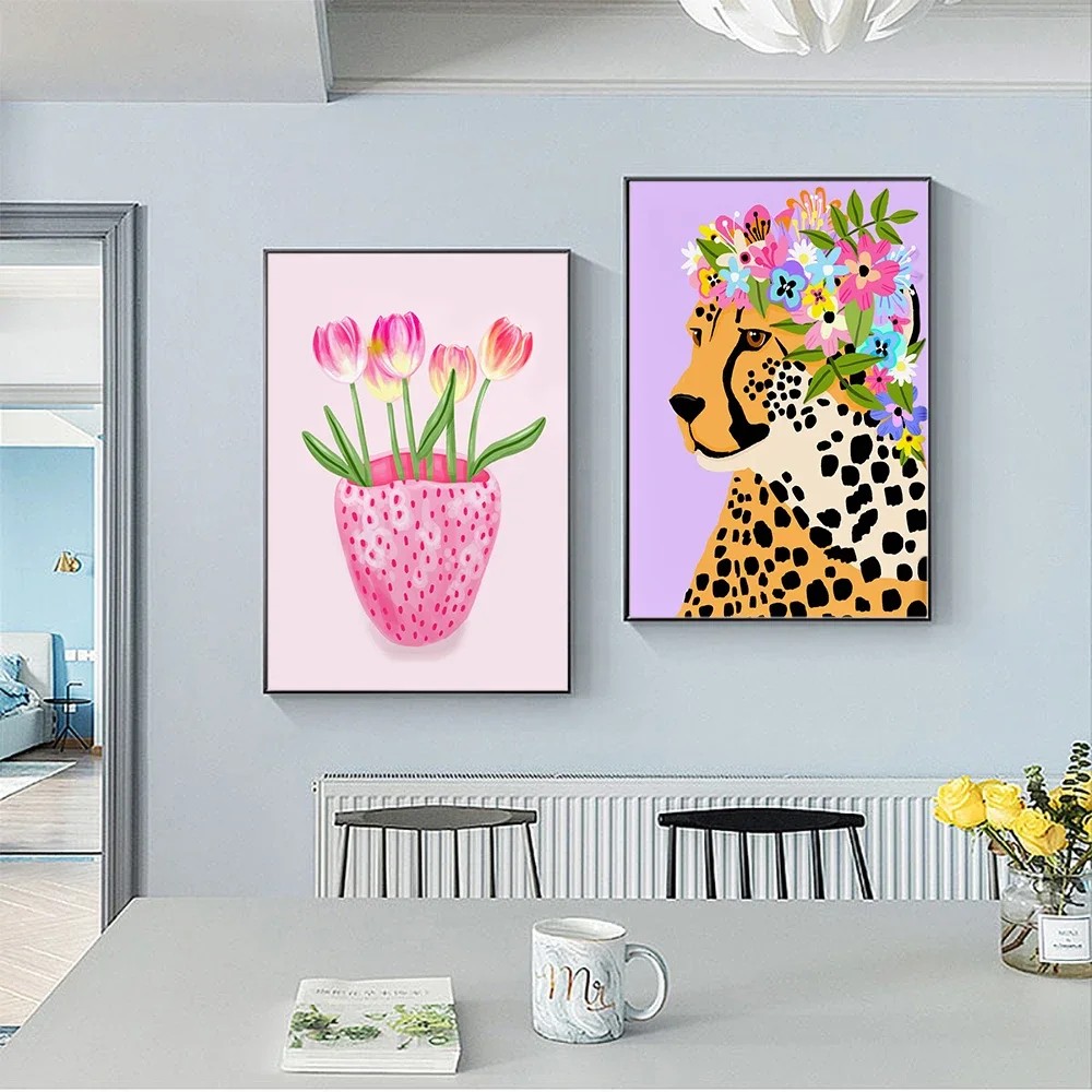 Scandinavian Modern Wall Art Cartoon Abstract Corolla Cheetah Pink Animal HD Poster Print Home Bedroom Living Room Decoration