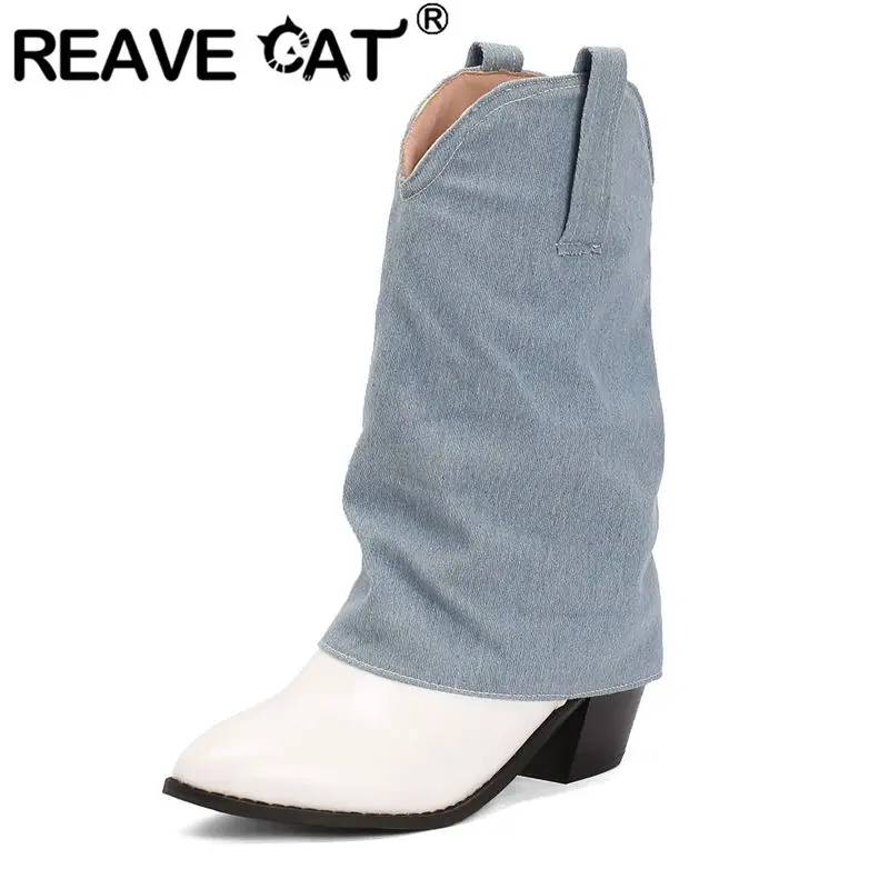 REAVE CAT 2024 New Cowboy Western Boots Mixed Color Pointed Toe Block Heels 6cm Slip On Plus Size 46 47 48 Leisure Daily Booties