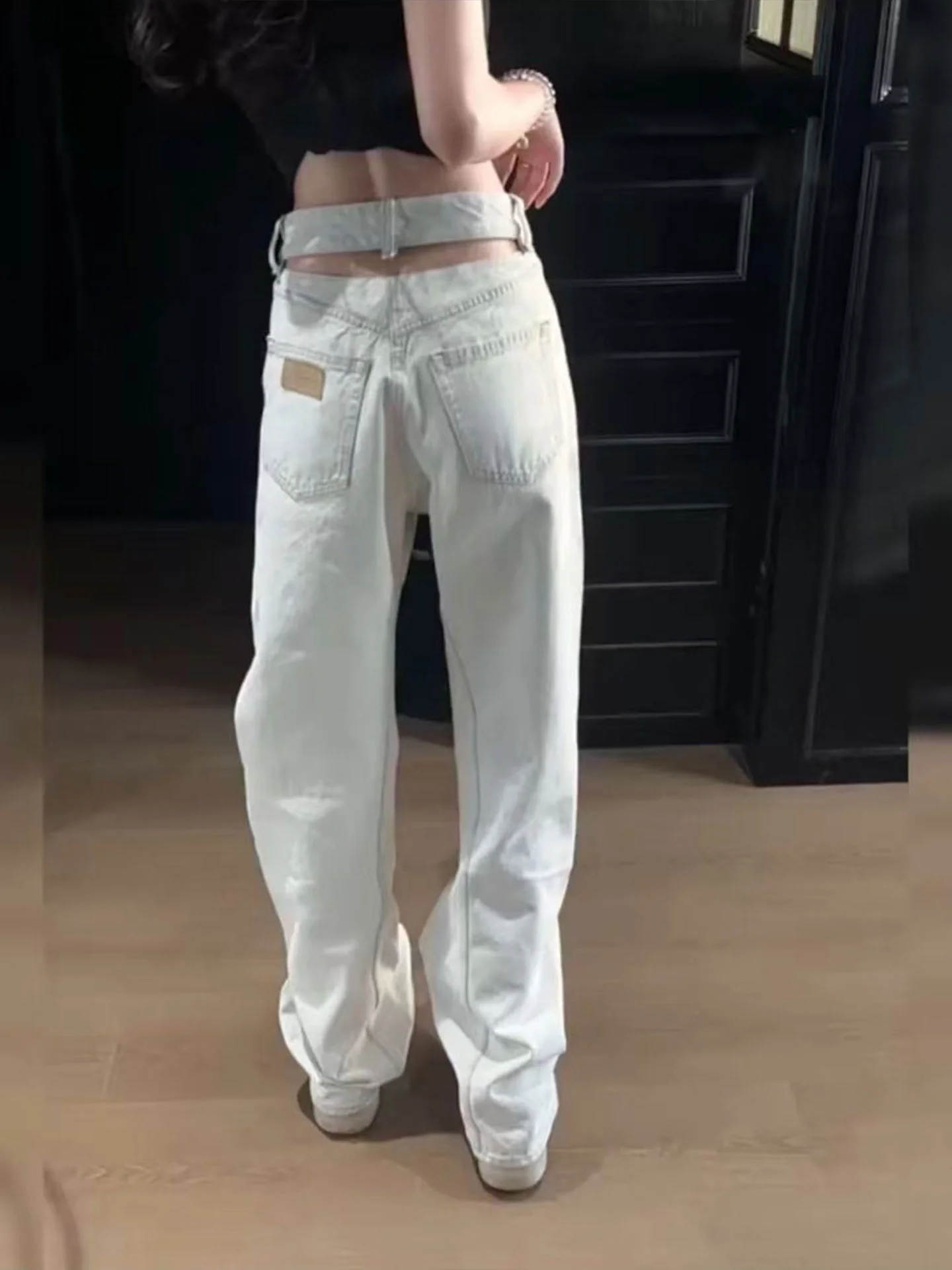 

Sexy Hollow out High Waist Denim Wide Leg Pants Women's Summer Fashion Small Size Pleated Straight Long Trousers
