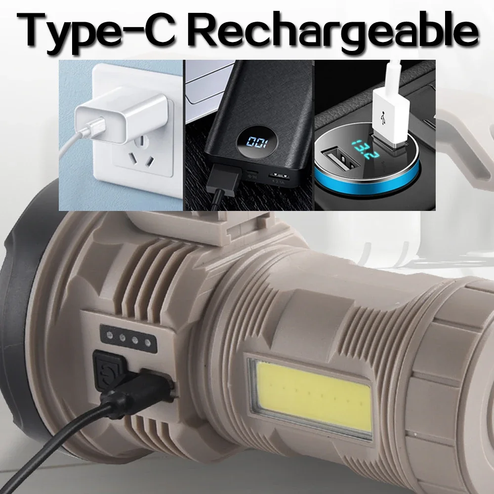 LED Handlamp 7-Modes Handheld Flashlight USB Rechargeable High Light Side Light Night Riding Adventure Camping Lantern Torch