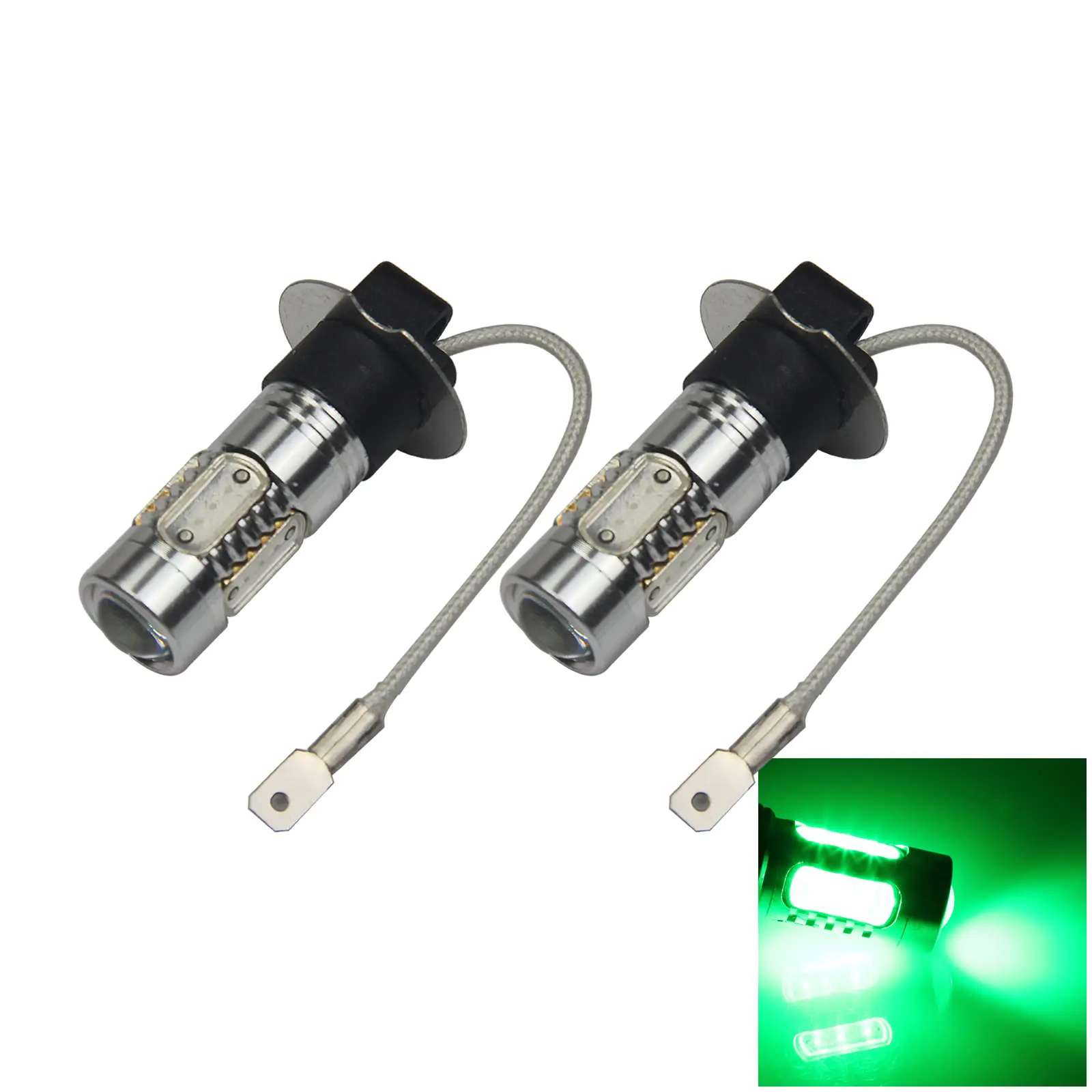 2x Green Car H3 Tail Light Fog Blub 5 Emitters COB SMD LED PK22s/r H062-G