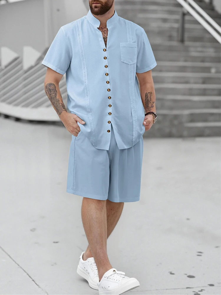 Outdoor Casual Pure Color Linen Outfits Men's Clothing Summer Vintage Stand Collar Button Shirt Two Piece Sets Men Fashion Suits
