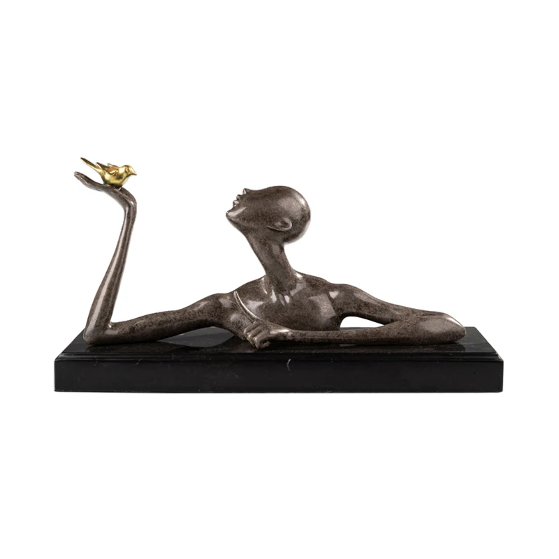 Bronze Abstract Sculpture Playing with Bird Man Bust Statue Art Home Office Hotel Ornament