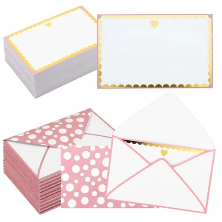 

100 Sets Blank Note Cards with Envelopes Gold Heart Personalized Note Cards Pink Stationery Set Flat Blank Notes for Baby Showe