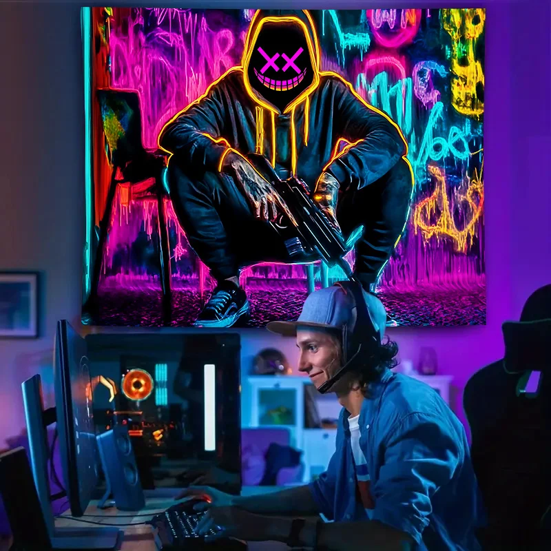 วิคามา สตรีท ทรেนดี้ ทาเพสทรี นีออน กราฟฟิตี้ สไมลี่ ชูเตอร์ ห้องนั่งเล่นทันสมัย ตกแต่งผนังห้องแบบส่วนตัว