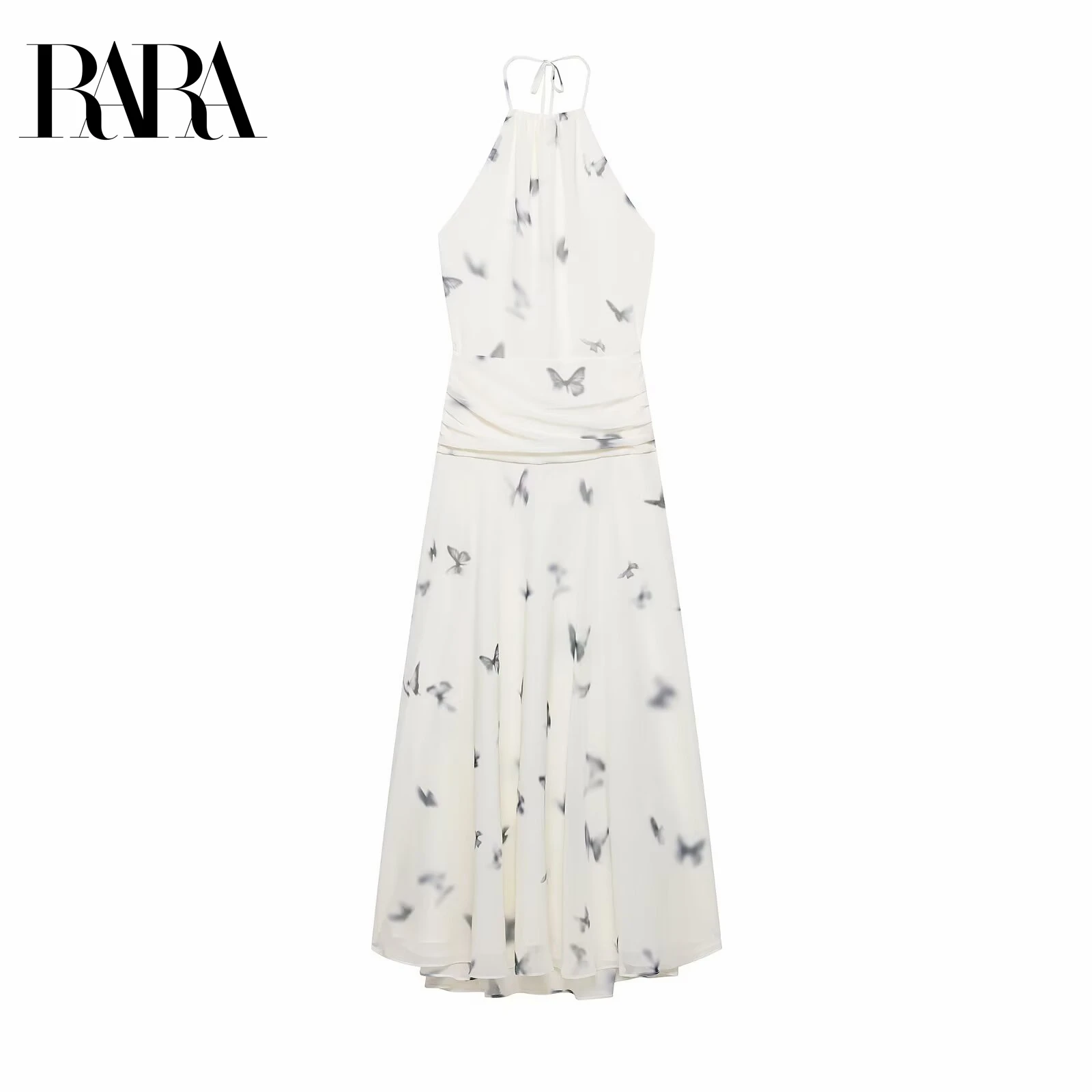 

RARA Women's Elegant and Sexy Sleeveless Off - Shoulder Halter Neck Mid - length Animal - Print Dress with Waist Pleats