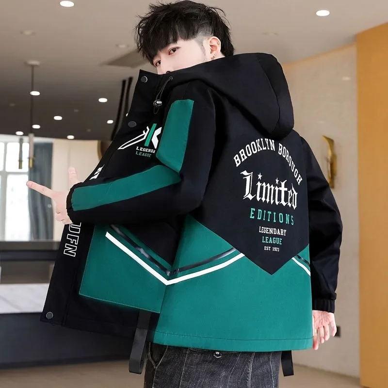 

Короткое повседневное простое свободное пальто с капюшоном и принтом, весенне-осеннее новое мужское пальто для молодых студентов, лоскутное модное пальто, куртка