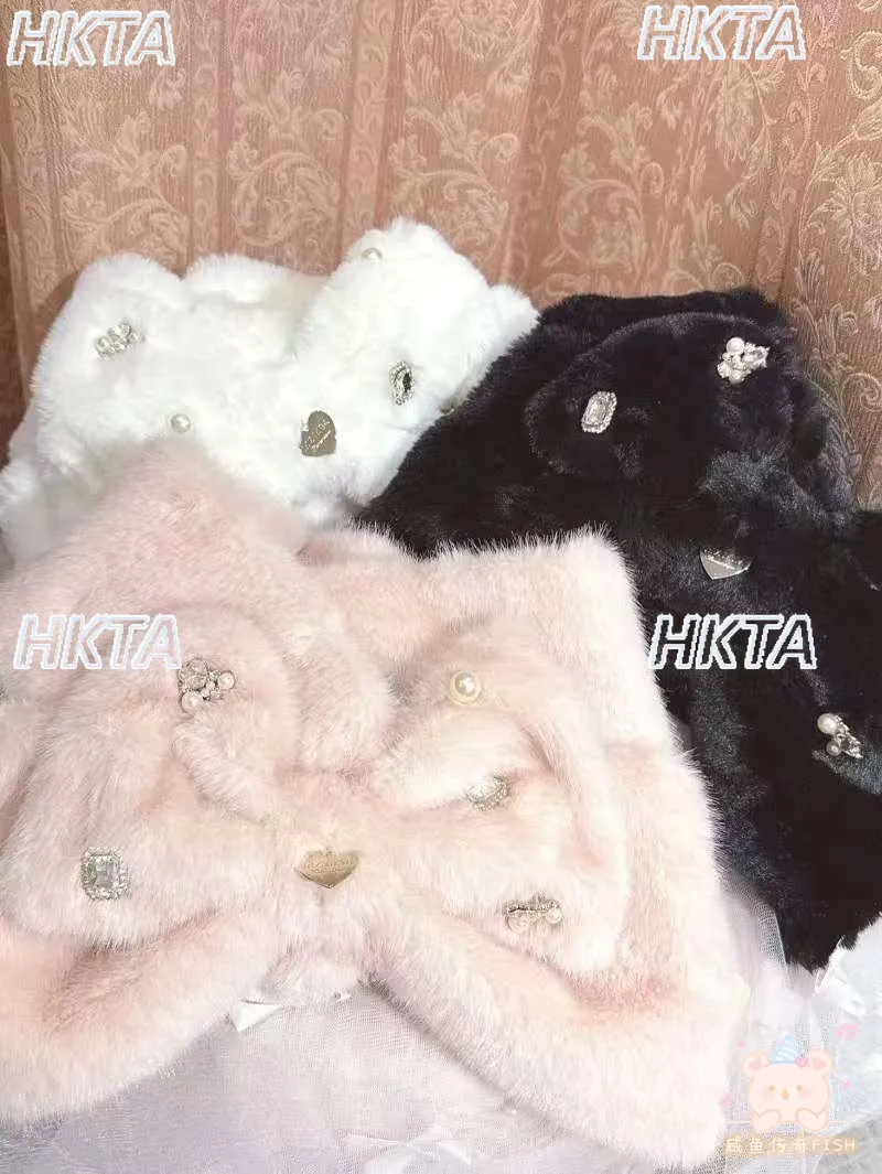 

Japanese Fashion Fluffy Liz Scarf Women Autumn Winter 2025 Mass-Produced Lolita Rhinestone Plush Bowknot Warm Scarf Neck Warmer